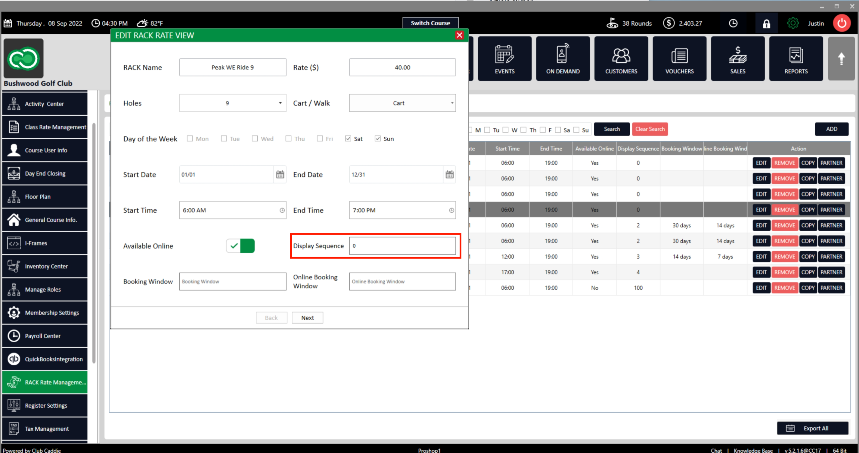 Settings Rack Rate Management Sequencing Rack Rates for the Tee Times.