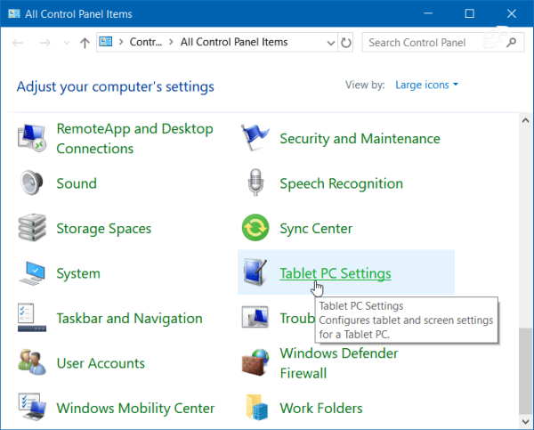 Control Panel Tablet PC Settings