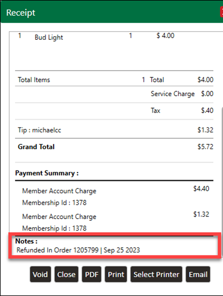 Refund note shown in the Notes section of the original receipt