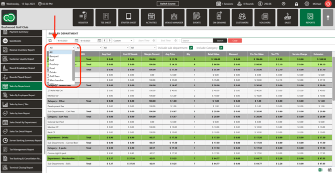 Department drop-down on the Sales by Department report