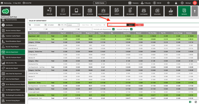 Search field on the Sales by Department report