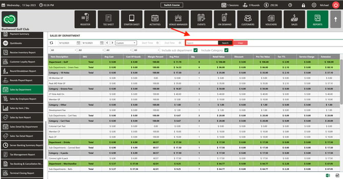 Search field on the Sales by Department report