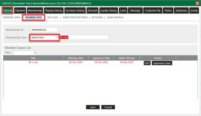 The Member Info tab with the Membership Class drop-down