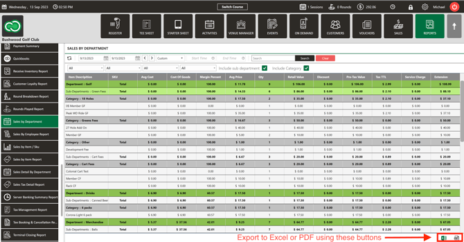 Excel and PDF export buttons in the top-right corner of the report