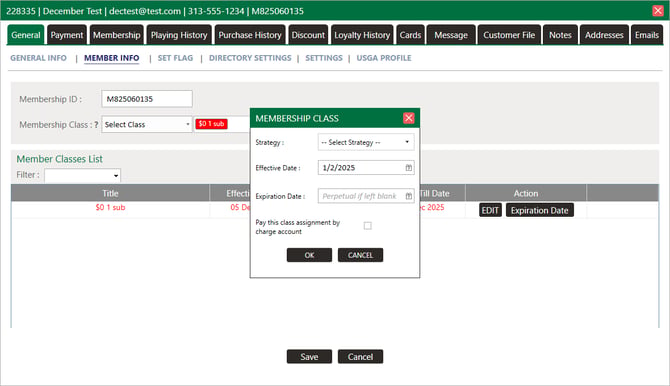 The MEMBERSHIP CLASS window showing Effective and Expiration date