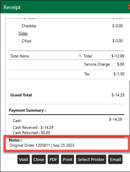 Refund receipt showing the original transaction Order ID and date