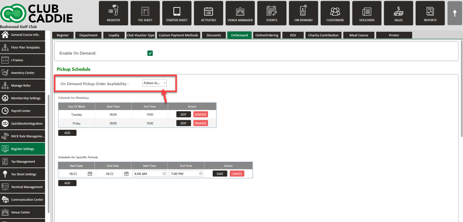 Settings : On Demand Availability