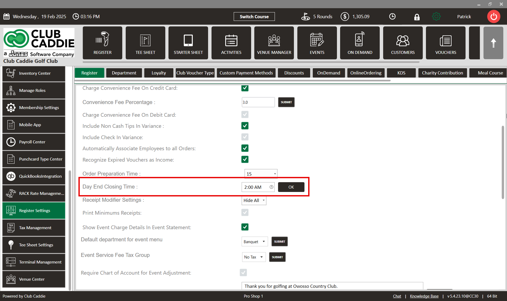 Settings : Adjust Day End Closing Time