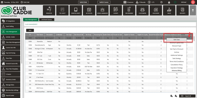 Edit Class opened from the Action menu with loyalty eligibility checked
