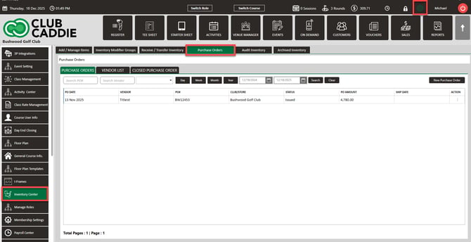 Purchase Orders list under Settings, Inventory Center