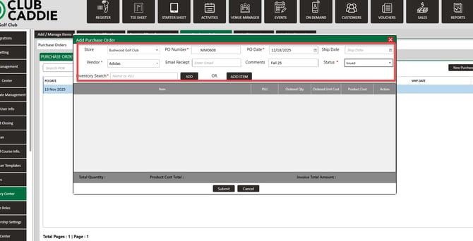 Purchase order header details including PO Date, Vendor and Status