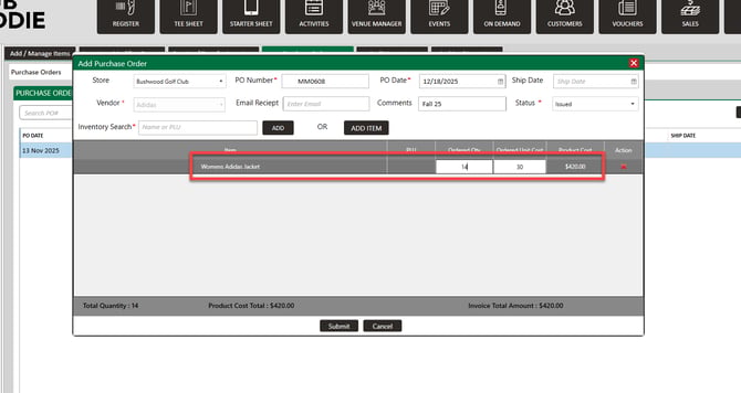 Adding items to the purchase order with quantity and unit cost