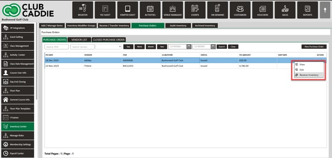 Receive action opened from the purchase order list