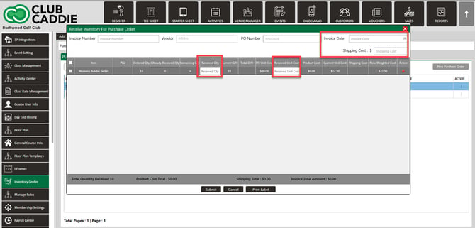 Receive Inventory popup with quantity received and unit cost