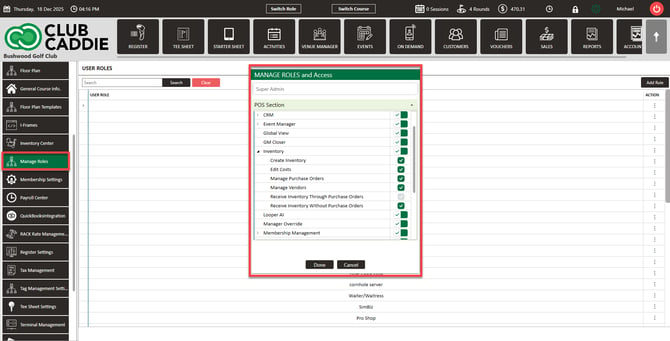 Purchase order permissions under Manage Roles