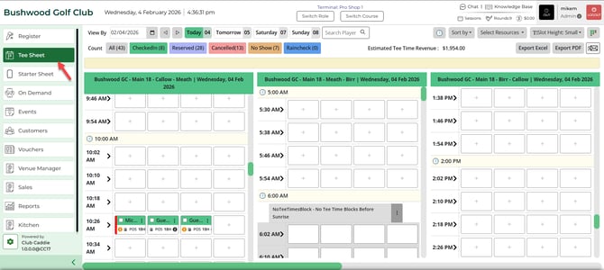 TEE SHEET module selected from the module navigation menu
