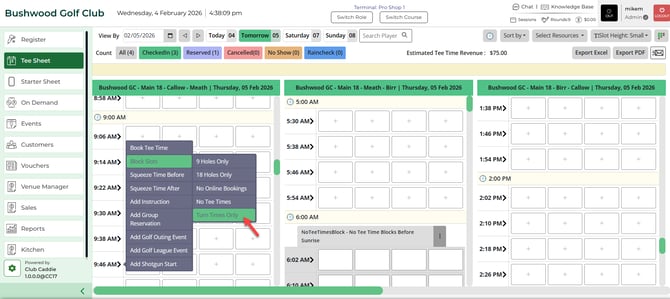 Tee sheet slot menu with the Block Slots submenu open showing Turn Times Only