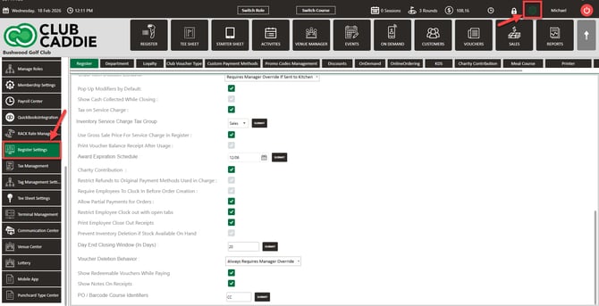 Settings with Register Settings selected