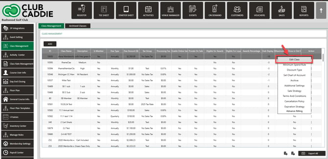 Class Management with the Action menu