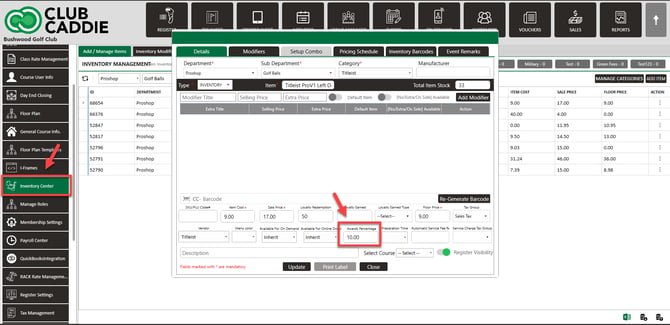 Inventory item Details tab with Awards Percentage