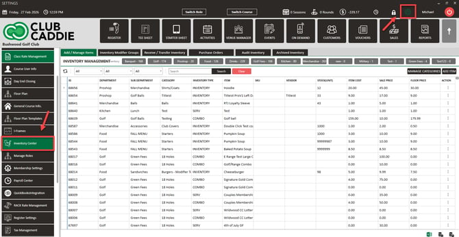 Settings menu with Inventory Center
