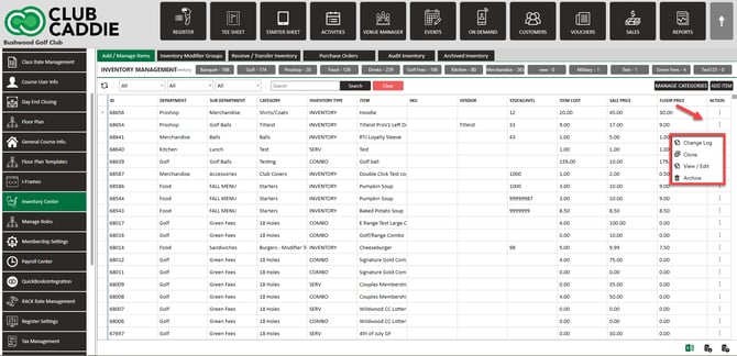 Inventory list with the Action menu