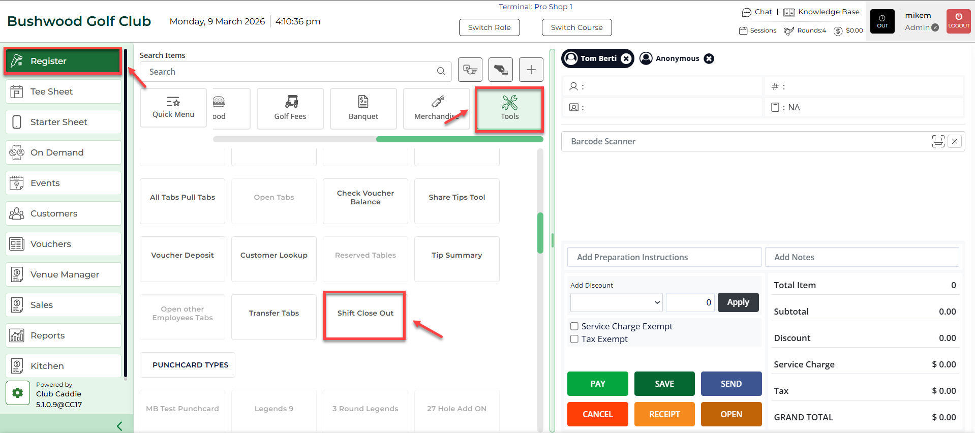 Shift Closing Module Browser - Register : Shift Close Out