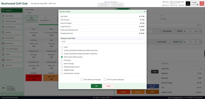 Payment Mode modal with Gift Cards/Credit Voucher selected
