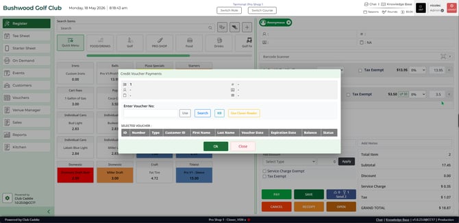 Credit Voucher Payments screen with the voucher loaded into the Selected Voucher table