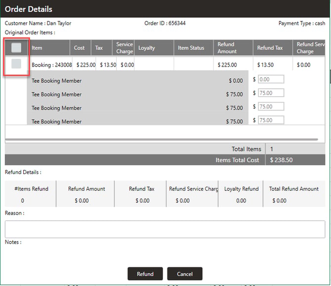 Order Details window with items selected and a refund reason entered