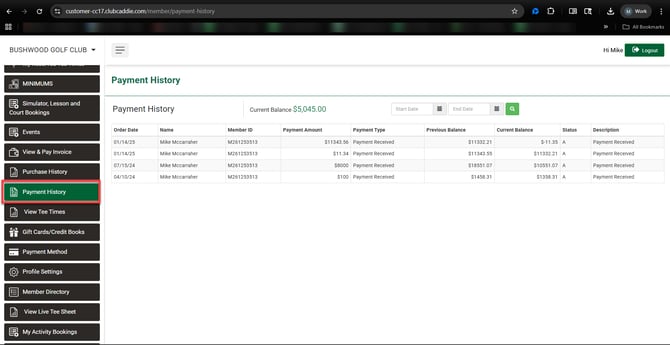 Payment History page showing Current Balance and the history table