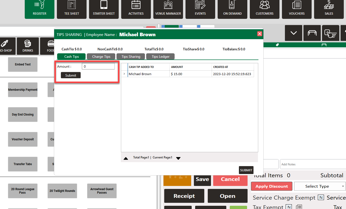 Register : Shift Close Out