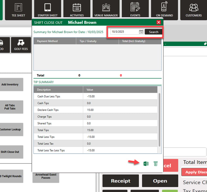 Tip breakdown for the selected day with the export and receipt icons