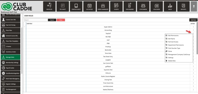 Action menu on a user role with Edit Permissions
