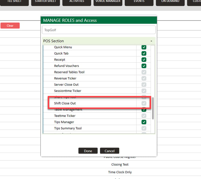Register permission group with the Shift Close Out toggle