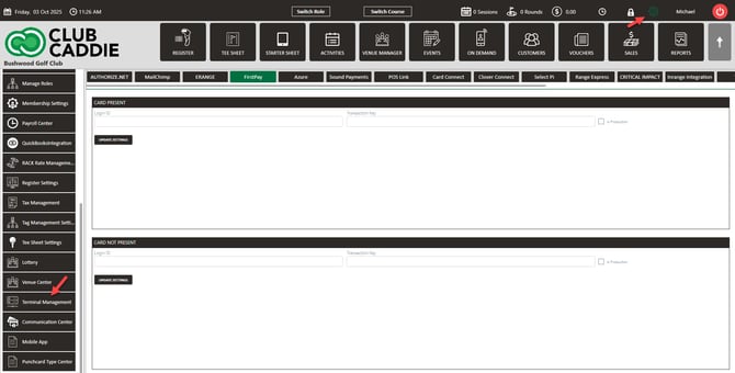 The Club Caddie Settings menu with Terminal Management selected in the left-hand list