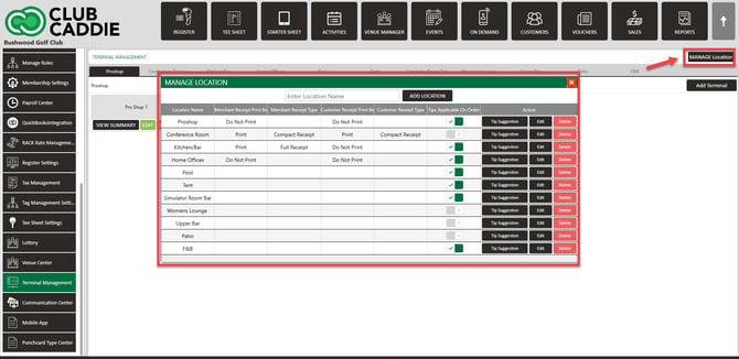 The Manage Location screen showing merchant and customer receipt print behavior and receipt type columns