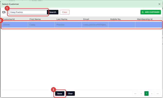 The Select Customer window with a customer selected