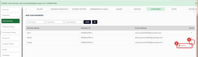 The row menu with Delete on the SUBMEMBER tab
