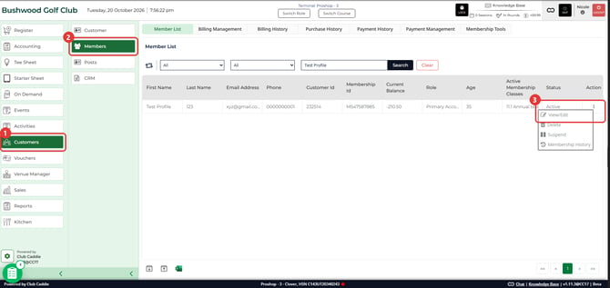 Member List with the row's Action menu open on View/Edit