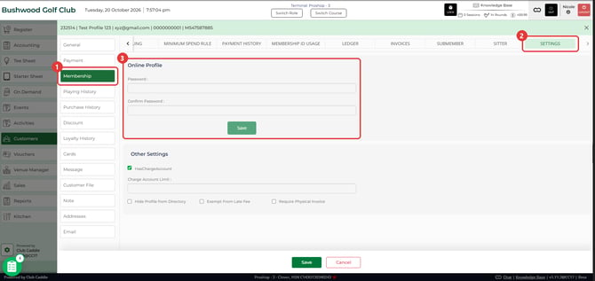 SETTINGS tab with the Online Profile section marked