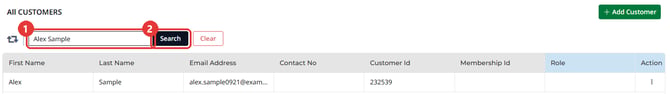 The Customers list with a search typed in