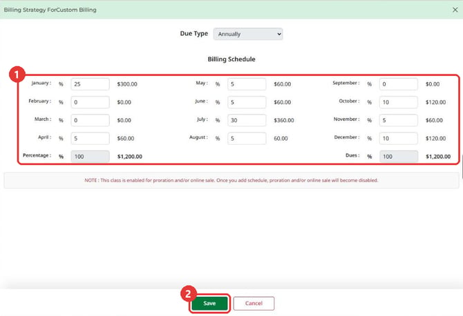 The Billing Strategy panel with a percentage for each month