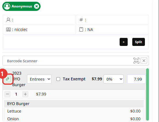 The tab with the green pencil to the left of an item's name marked