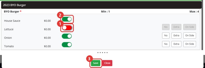 The EDIT ORDER MENU ITEM window with one option switched off, its replacement switched on, and Save marked