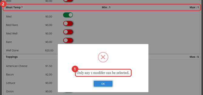 The limit pop-up, with its OK button, shown when a second option is switched on in a category already at its Max