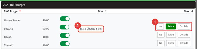 An option with No, Extra and On Side beside it, Extra selected and Extra Charge $ showing