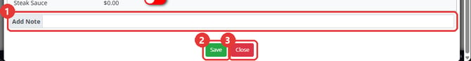 The bottom of the EDIT ORDER MENU ITEM window with Add Note, Save and Close marked