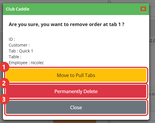 The remove order box with its three buttons