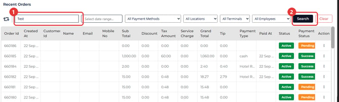 Sales screen search bar with the Search with Order or Customer Details box and the Search button marked
